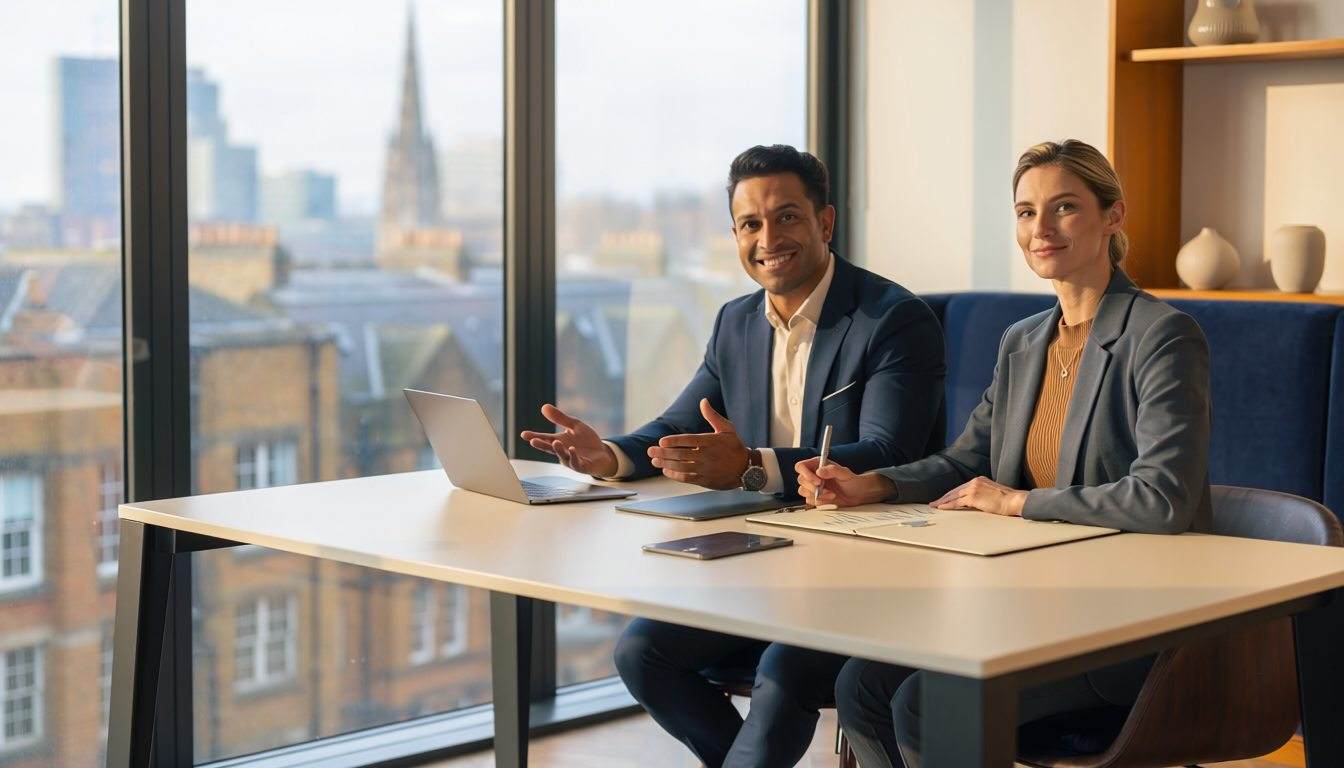 A property executive consulting with an intelligence specialist in a city office.