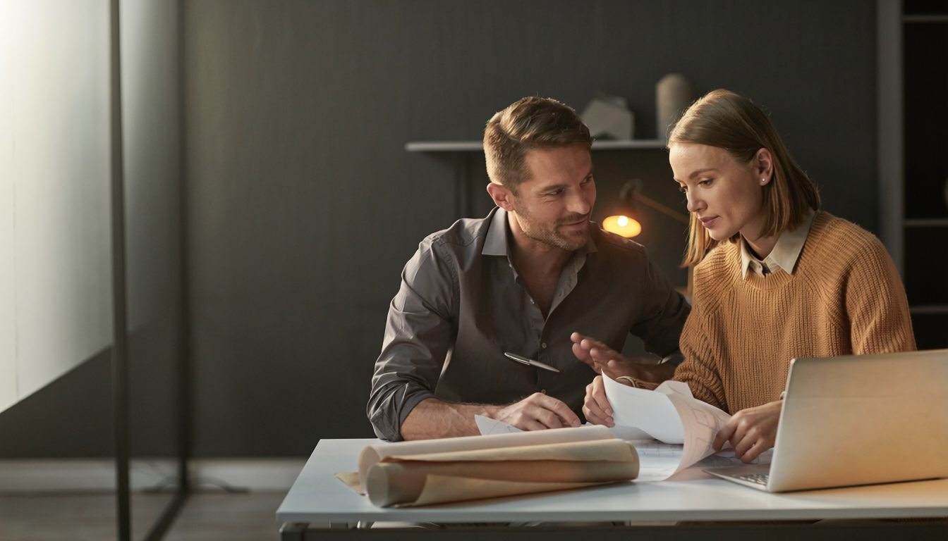 Two analysts discussing a property evidence question beside plans and research notes.