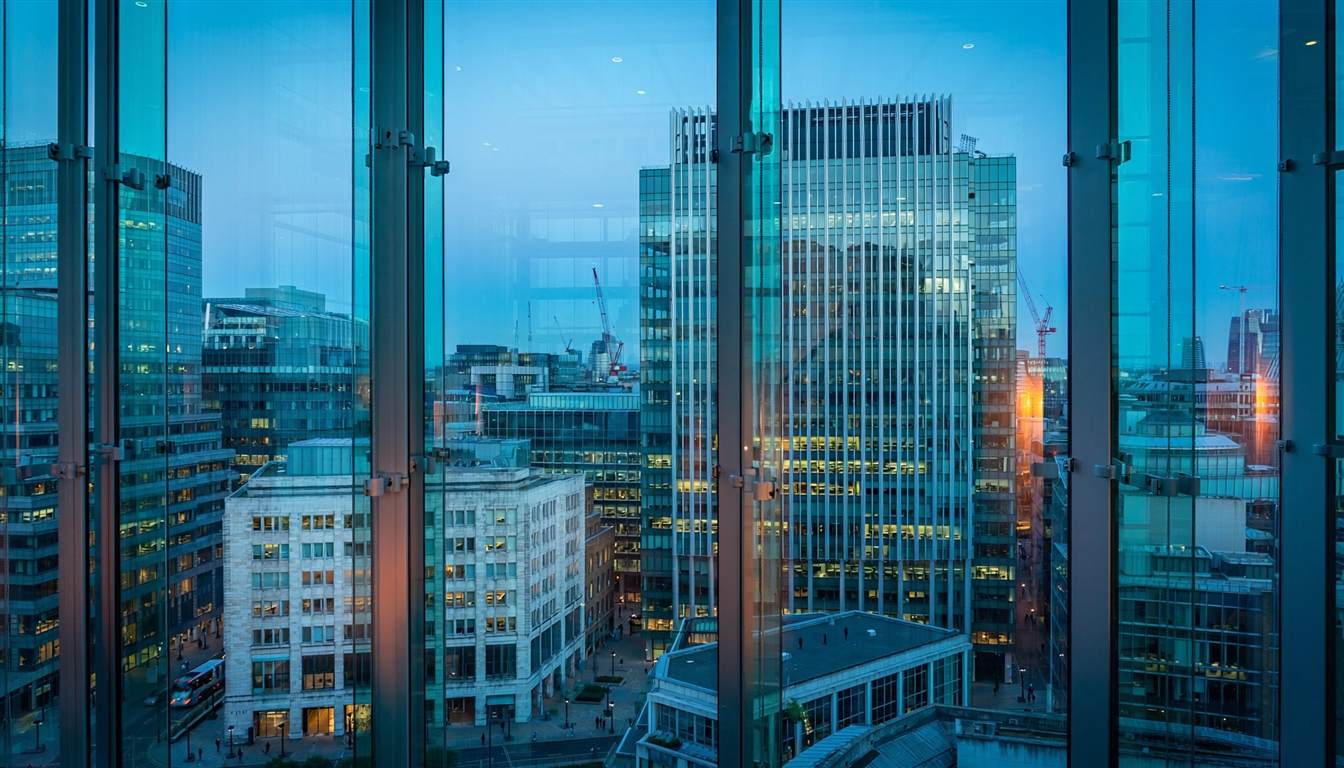 A UK city at dusk viewed from an evidence-led property research workspace.