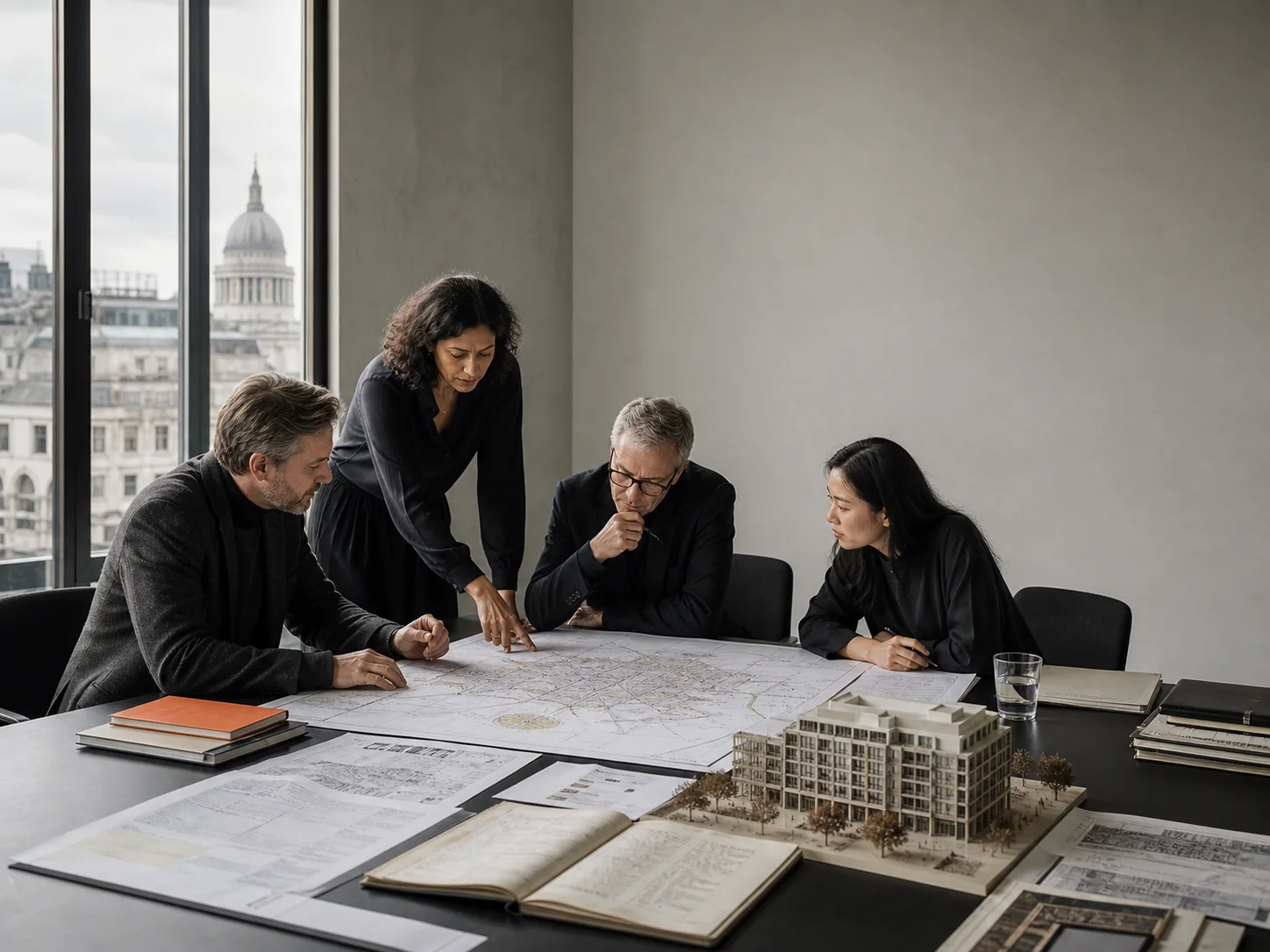 Senior property analysts reviewing title plans, maps, and an architectural model.